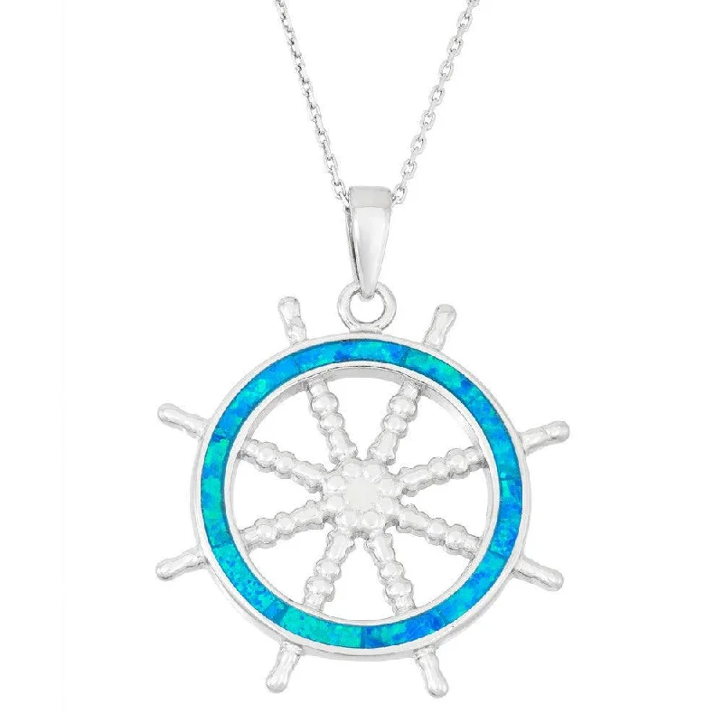 Trendy necklaces and pendants with geometric shapes for a modern aesthetic-Sterling Silver Blue Inlay Opal Ships Wheel Pendant