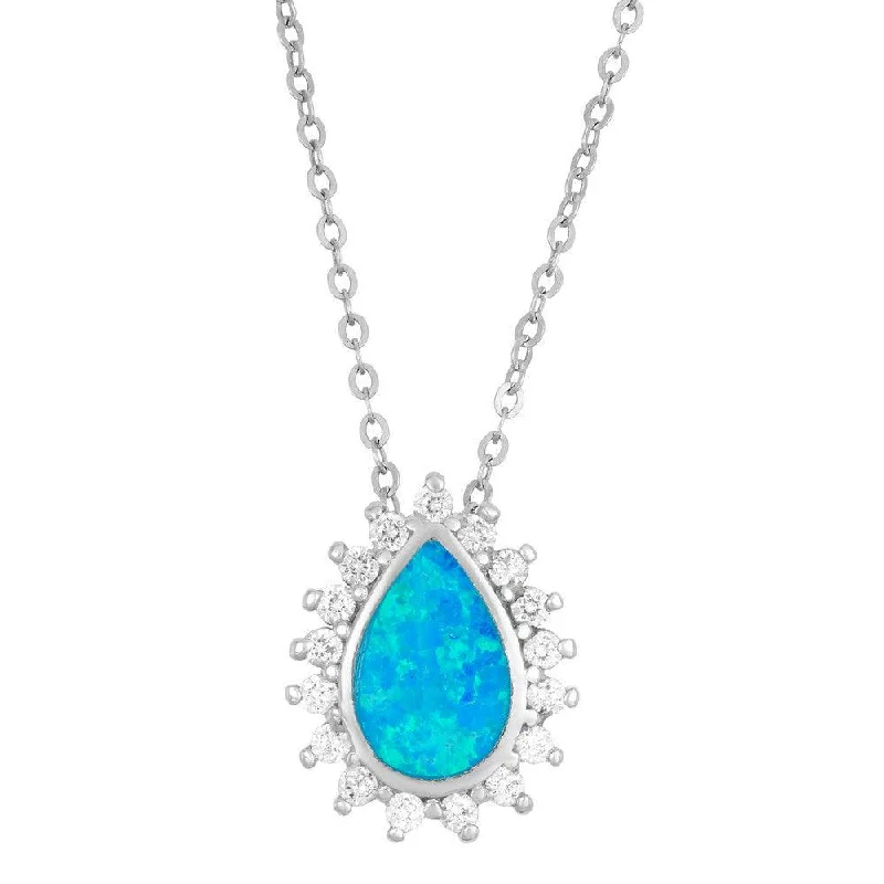 Best necklaces and pendants with silver chains for a sleek, timeless look-Sterling Silver Blue Inlay Opal Teardrop CZ Pendant