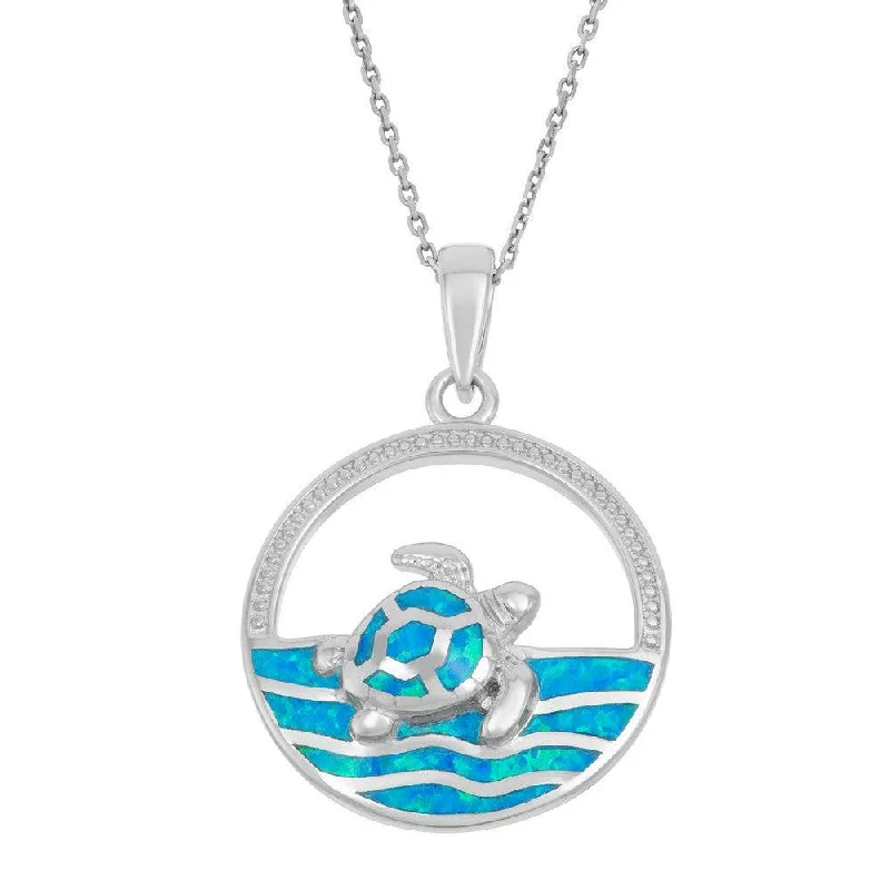 Necklaces and pendants with lock and key designs for a symbolic gesture-Sterling Silver Blue Inlay Waves and Turtle Pendant