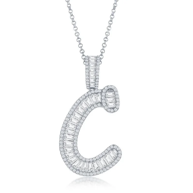 Necklaces and pendants with lock and key designs for a symbolic gesture-Sterling Silver C Initial Baguette CZ Pendant Chain