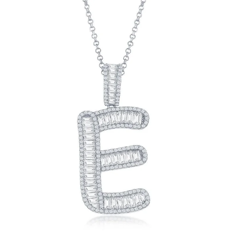 Unique necklaces and pendants with artistic shapes for a creative, one-of-a-kind design-Sterling Silver E Initial Baguette CZ Pendant Chain