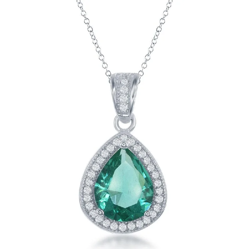 Necklaces and pendants with custom engravings for a personal, meaningful gift-Sterling Silver Emerald Teardrop CZ Border Pendant