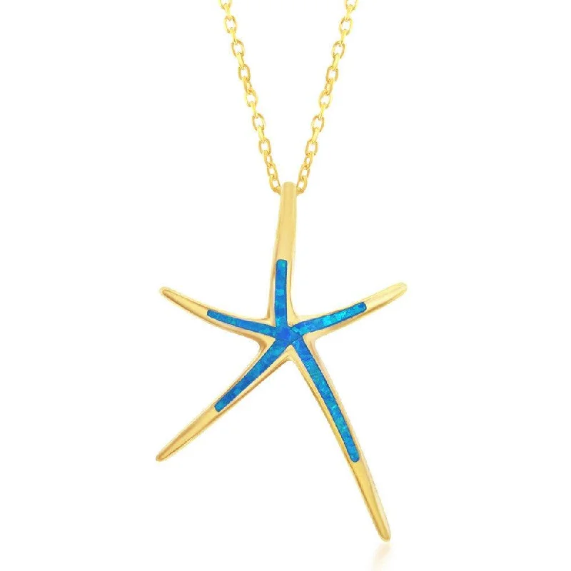 Best necklaces and pendants with personalized coordinates for a special keepsake-Sterling Silver Gold Blue Inlay Starfish Pendant