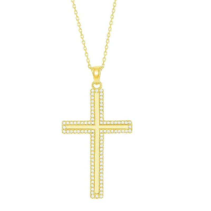 Necklaces and pendants with diamond pendants for a luxurious sparkling effect-Sterling Silver Gold Plated CZ Outline Cross Pendant