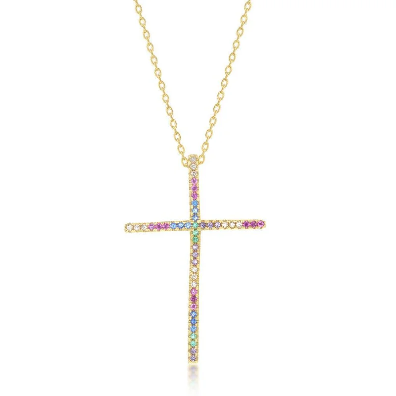 Beautiful necklaces and pendants with geometric shapes for a modern, artistic design-Sterling Silver Gold Plated Multi-Color CZ Cross Pendant