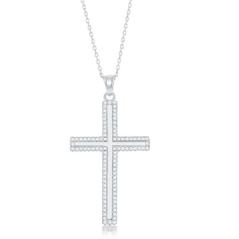 Simple necklaces and pendants with bar pendants for a sleek modern design-Sterling Silver High Polish CZ Cross Pendant