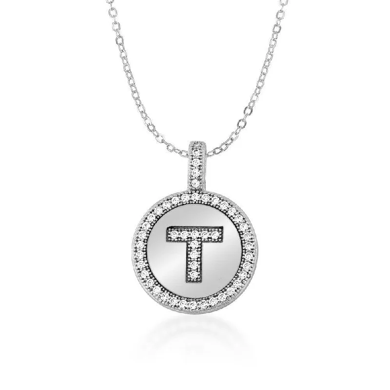 Unique necklaces and pendants with artistic shapes for a creative, one-of-a-kind design-Sterling Silver Micro Pave Circle "T" Pendant with Chain