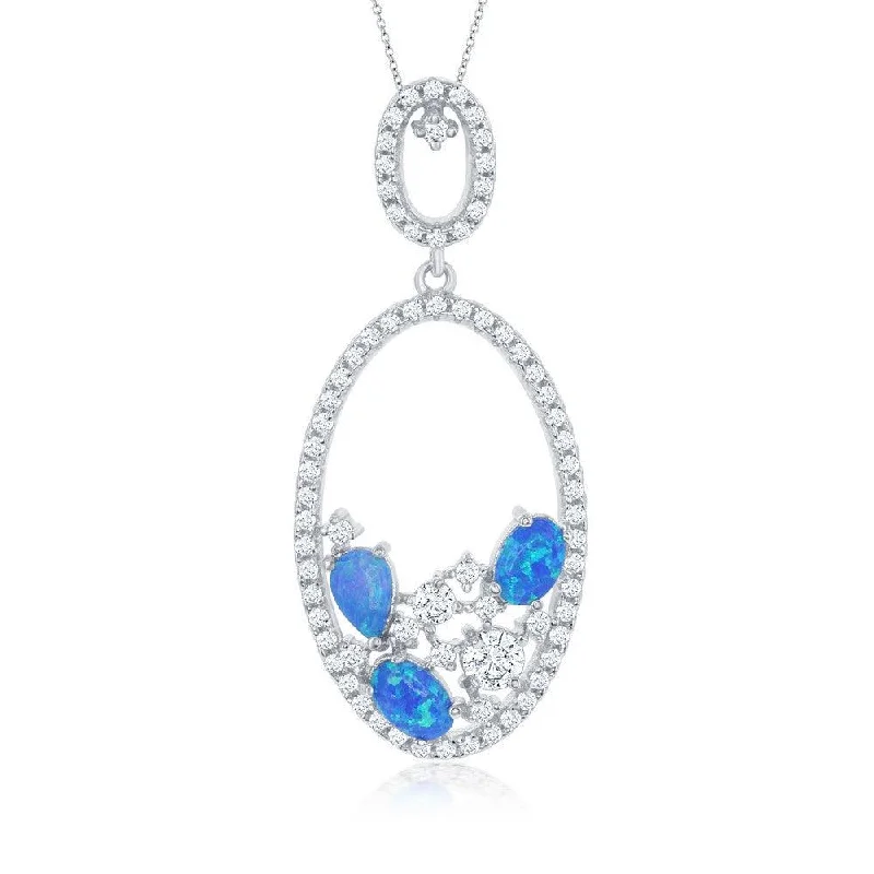 Best necklaces and pendants with gemstone clusters for a bold and colorful effect-Sterling Silver Oval Blue Opal and CZ Pendant