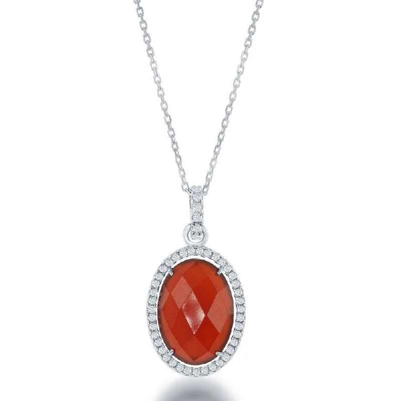 Necklaces and pendants with lotus flower designs for a spiritual, peaceful vibe-Sterling Silver Oval Red Carnelian CZ Pendant