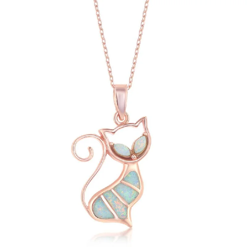 Best necklaces and pendants with statement designs for a fashionable accessory-Sterling Silver Rose Gold Plated White Inlay Opal Cat Pendant