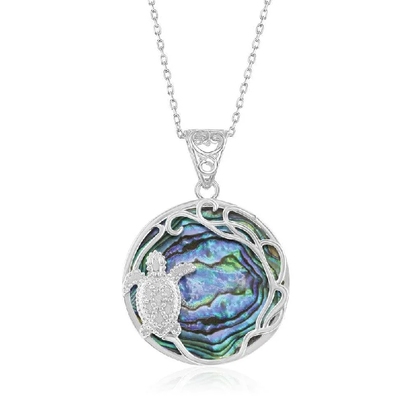 Necklaces and pendants with lotus flower designs for a spiritual, peaceful vibe-Sterling Silver Round Abalone with Turtle Pendant