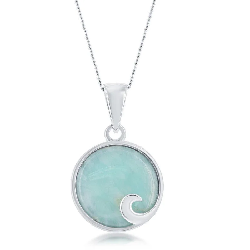 Elegant necklaces and pendants with onyx stones for a sleek, polished look-Sterling Silver Round Larimar Wave Design Pendant