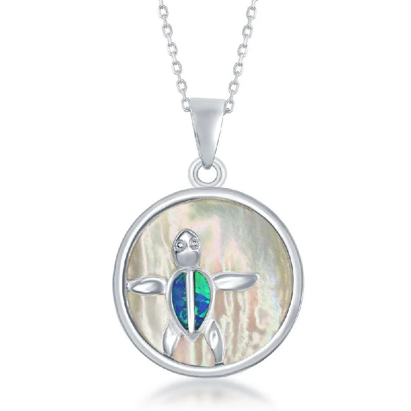 Necklaces and pendants with enamel accents for a colorful, eye-catching appearance-Sterling Silver Round MOP with Turtle Pendant