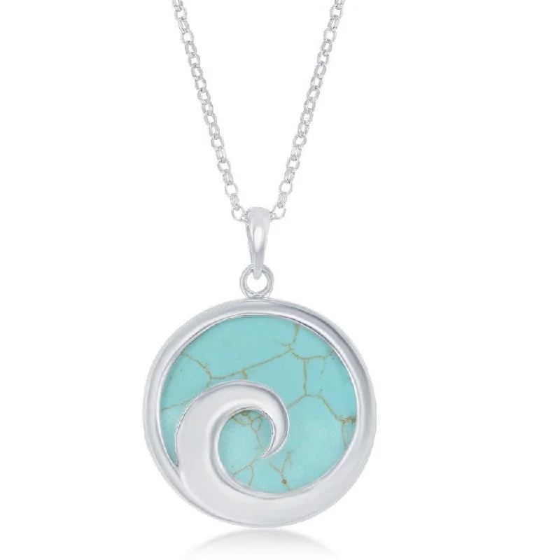 Necklaces and pendants with engraved messages for a deeply personal, sentimental gift-Sterling Silver Wave Design Turquoise Pendant Chain