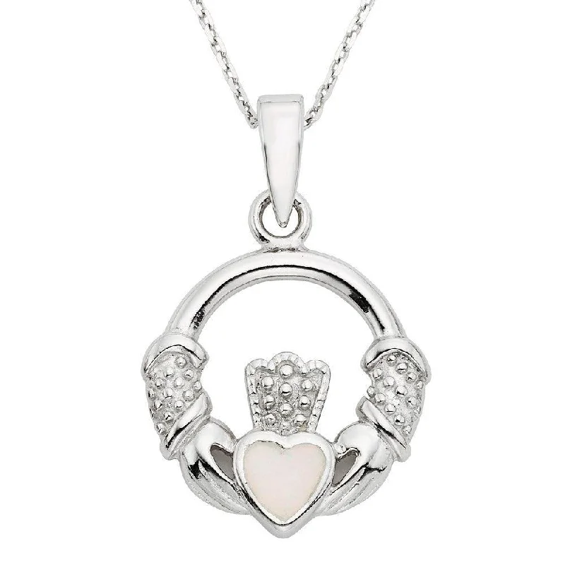 Best necklaces and pendants with opal gemstones for an iridescent glow-Sterling Silver White Inlay Irish Claddagh Pendant