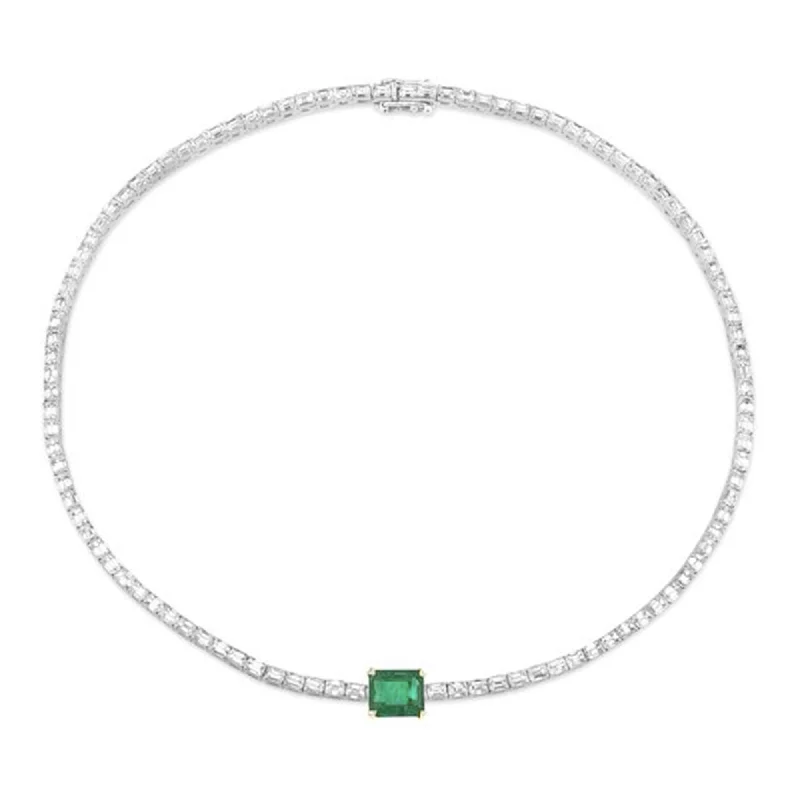 Unique necklaces and pendants with engraved messages for a sentimental gift-Tennis Necklace - Baguette Diamond and Emerald