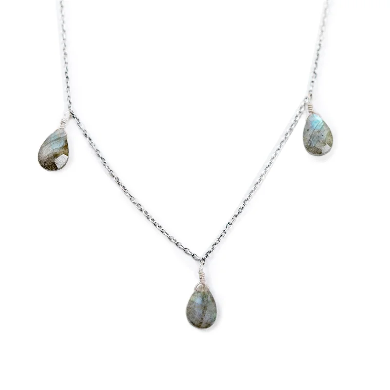 Beautiful necklaces and pendants with diamond halo settings for extra brilliance-***Three Stone Labradorite Necklace 16" + 2" Extender